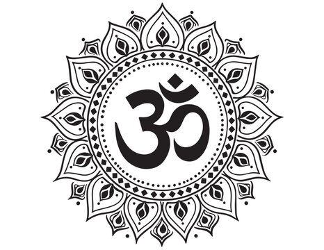 Om symbol with floral ornament black and white vector illustration