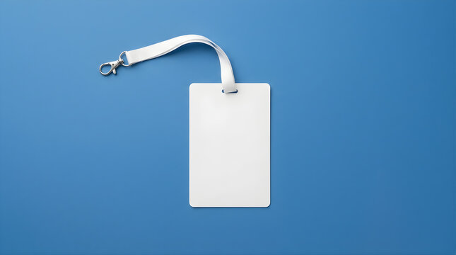 Blank White Identification Card or Name Badge Hanging on a Lanyard Against a Solid Blue Background Offering Copy Space for Customization