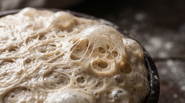 Macro view of active sourdough dough fermentation showing translucent gluten web and bubbles