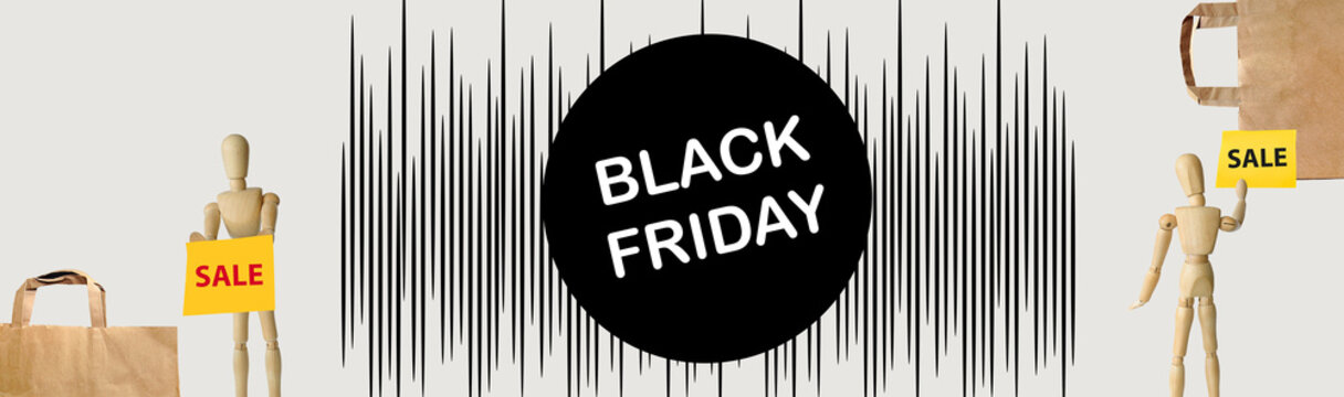 Black Friday banner, paper bags around, Black Friday sign in the center, wooden dummies with sticky 'Sale' note. Holiday shopping, sales, discounts concept. Business promotions