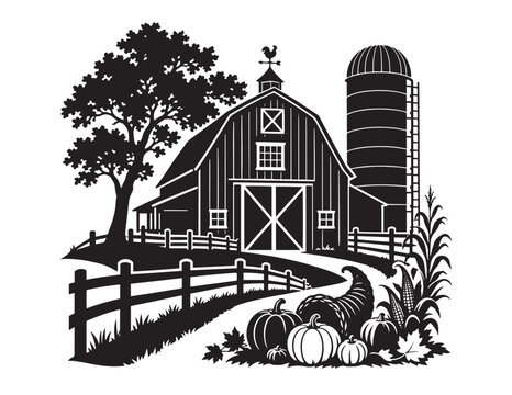 Farm scene silhouette with barn pumpkins corn and leafy trees
