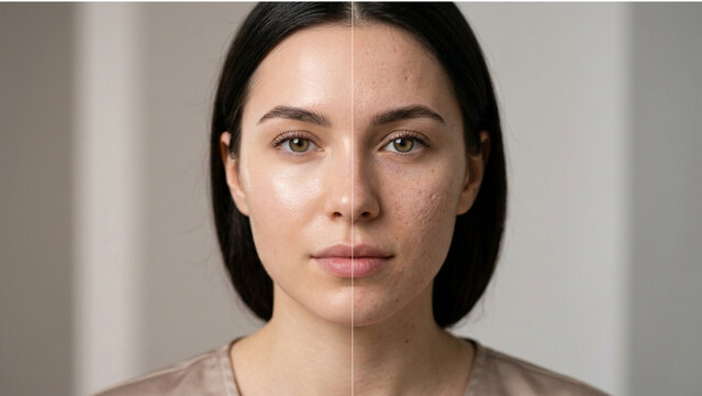 Split screen portrait of a young woman showing before and after acne scar treatment with smooth clear skin vs textured skin.