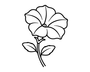 Obraz premium Simple black and white line art illustration of a single petunia flower with leaves on a stem