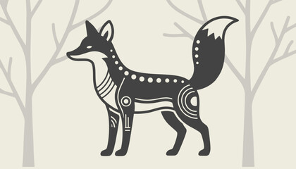 Fototapeta premium Artistic black and white fox illustration with decorative tribal patterns standing in a minimalist forest.