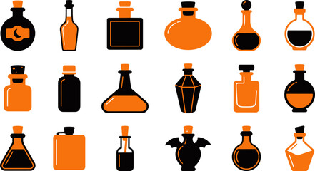 Set of various halloween potion bottle designs featuring orange and black glass containers for magic spells and witch potions © Jakir