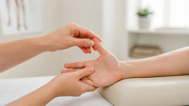 Therapist hands gently mobilize a patient's fingers and wrist during a clinical hand rehabilitation and range of motion session.