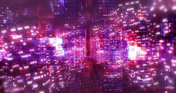 Futuristic City Grid System with AI Data Streams Overlaying Skyscraper Tops. Technology Related 3D Animation.