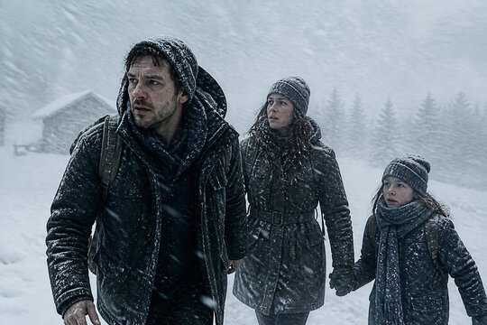 Three people bundled in heavy winter coats stand in a snowy, wintry outdoor setting.