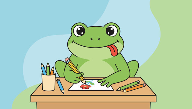 Adorable green frog character sitting at a wooden desk and drawing a flower with colored pencils on paper.