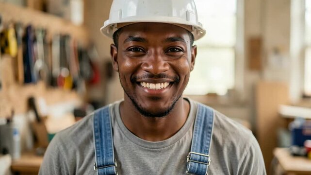 A joyful man wearing a hard hat and overalls.