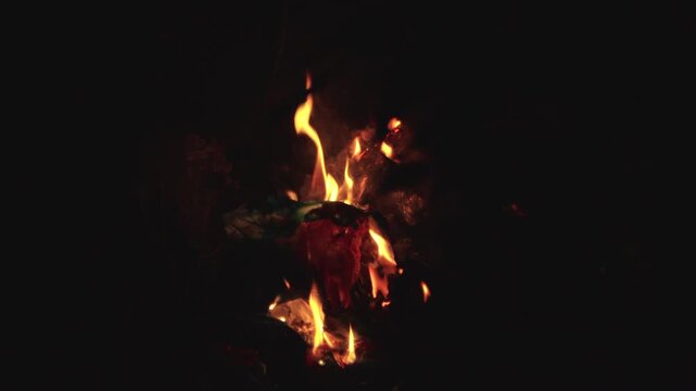 Closeup view of flames of a burning fire on plastic garbage at night in the forest.