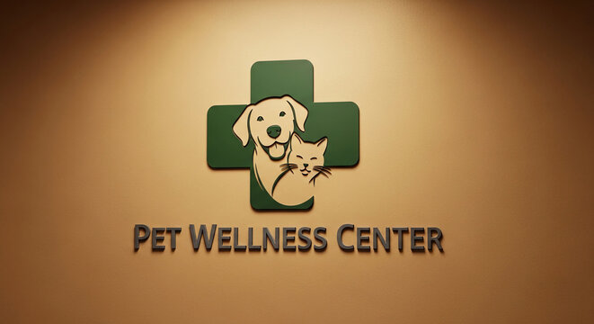 Green cross logo with stylized dog and cat faces, on a textured tan background with raised dark text "PET WELLNESS CENTER", symbolizing animal care and health services
