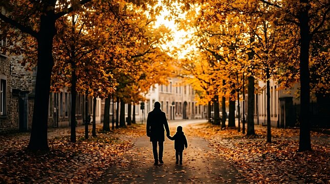 Silhouette of a father and child walking to school along a golden autumn tree lined path in a European town during peak fall season with cinematic warm morning light