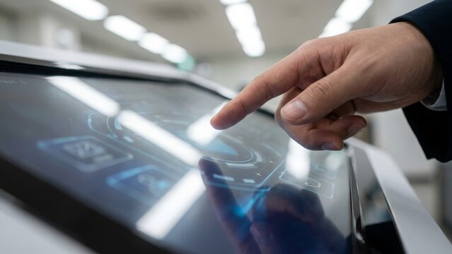 Technology - Businessman using interactive touchscreen display in futuristic control room
