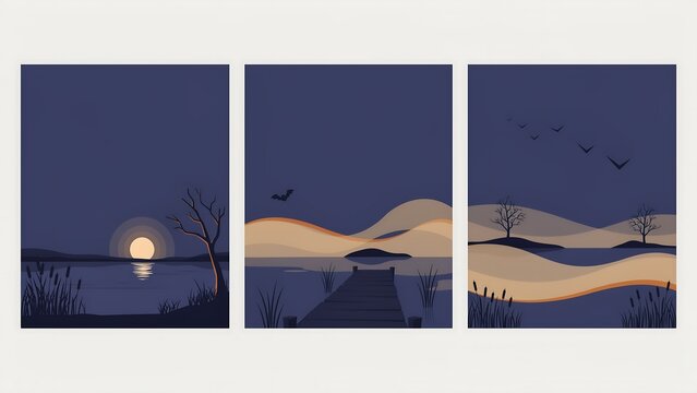 Spooky halloween poster triptych misty lake bats and bare trees