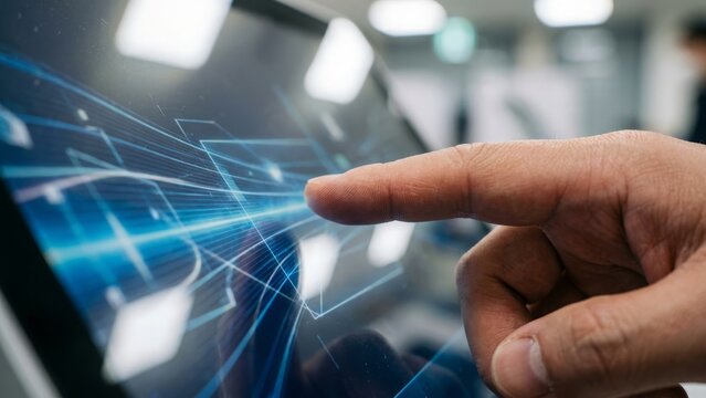 Technology - Close up of an Asian man touching a futuristic digital screen interface