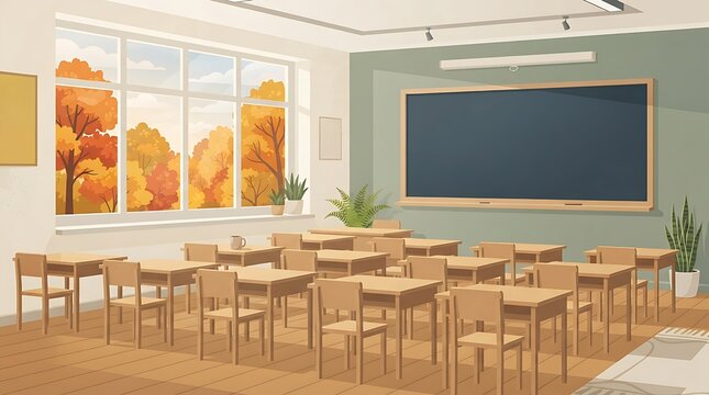 Empty classroom interior featuring wooden desks and a blank chalkboard with a scenic autumn forest view through the window for back to school season illustration