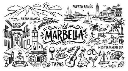 Fototapeta premium Marbella Spain Hand Drawn Travel Doodle Illustration, Mediterranean City Map Line Art Style