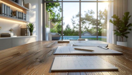 Obraz premium Modern home office with wooden desk and large window view