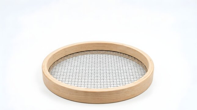Wooden sieve with wire mesh on white background