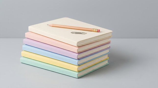 Stack of pastel colored notebooks with a pencil and paperclip on top arranged for back to school preparation in a minimalist studio setting for educational banner and hero image design