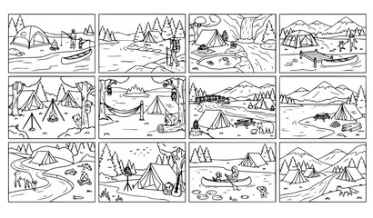Obraz premium Camping by the River Coloring Pages for Kids Vector Collection