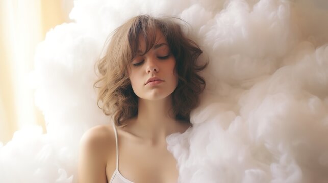 Young woman feeling depressed in clouds. Mental health concept with sad female portrait.