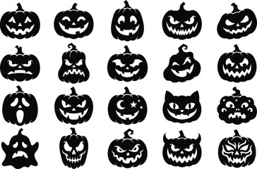 Obraz premium A collection of various hand drawn spooky pumpkin jack o lantern faces for halloween decorations and graphic design projects