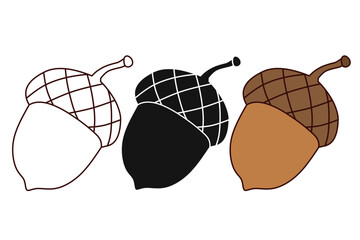 illustration design acorn set with line art, silhouette, and color isolated on white background © nuQia
