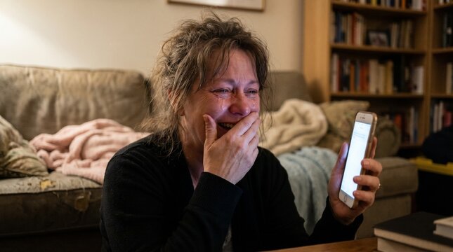 Woman laughing hysterically while looking at her smartphone with tears in her eyes at home