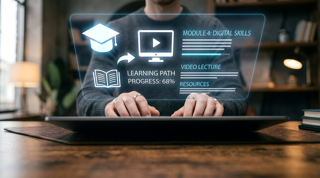 Modern e-learning experience featuring microlearning modules and digital skills training via a holographic screen
