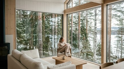 Obraz premium Cozy winter cabin retreat with panoramic windows overlooking a snowy forest landscape