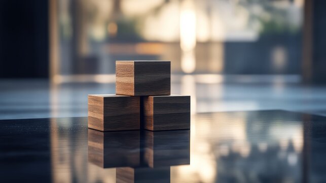 Wooden blocks stacked on a reflective surface, bathed in warm sunlight.