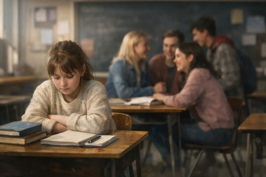 Sad schoolgirl sitting alone in classroom feeling excluded while classmates interact in background