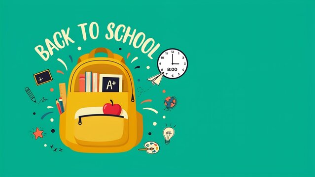 Back to school backpack illustration with clock and supplies