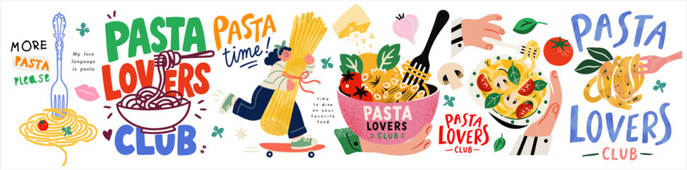 Obraz na płótnie Canvas Pasta lovers club. Vector illustrations of spaghetti, plate, fork, tomatoes, character on a skateboard, cooking hands and playful typography on a transparent background for Italian food, restaurant, m