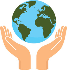 Fototapeta premium Abstract Earth protection icon with cupped hands globe green continents blue oceans cartoon illustration for environmental awareness design