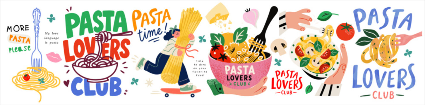 Pasta lovers club. Vector illustrations of spaghetti, plate, fork, tomatoes, character on a skateboard, cooking hands and playful typography on a transparent background for Italian food, restaurant, m