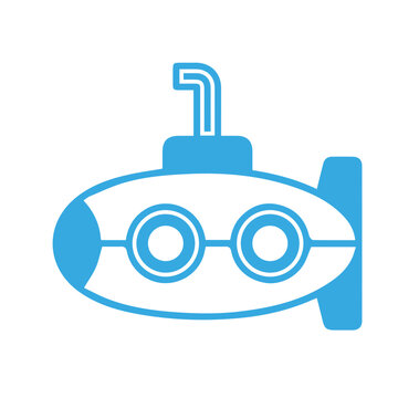 Blue and white submarine icon flat vector illustration of an underwater sea boat with periscope