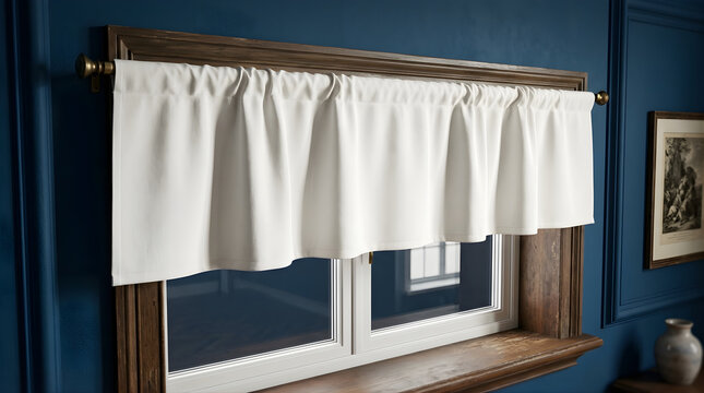 Elegant White Fabric Valance Window Covering Softly Draped Above a Window with a Dark Wood Trim and Blue Wall