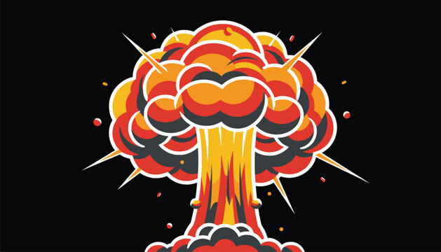 Powerful atomic mushroom cloud explosion vector illustration in a bold comic book style over a black background.