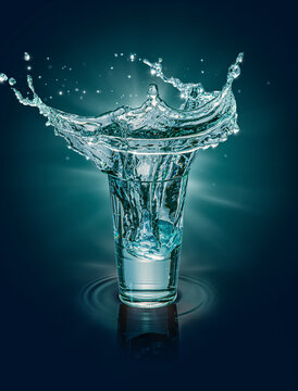 Glass of Water with Dramatic Crown Splash on Teal Background