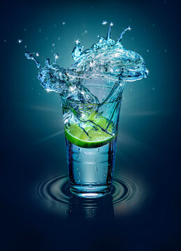 Lime Slice Splashing Into Glass of Water with Dramatic Crown Splash