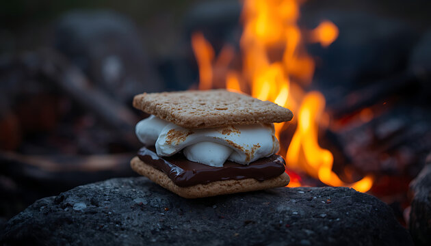  close-up of a perfectly toasted s'more resting on a dark textured rock. The s'more has a gooey, melted marshmallow and rich chocolate sandwiched between two golden graham crackers. 