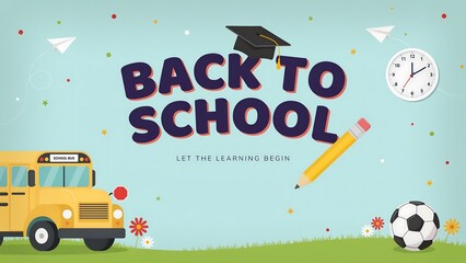 Naklejka premium Back to school illustration with graduation cap and school bus