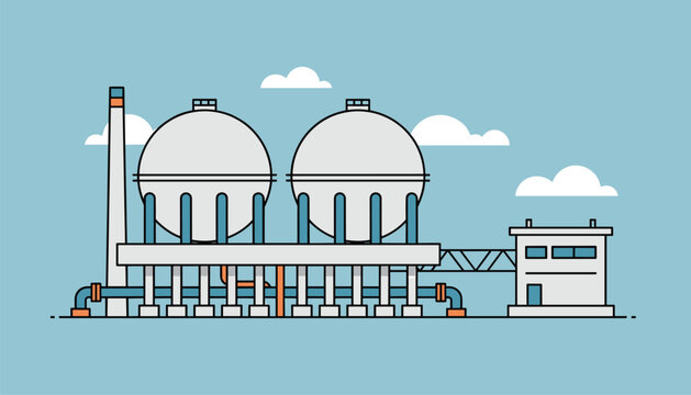 Industrial gas processing plant with large spherical storage tanks, pipes, a chimney, and a small control building under a blue sky.