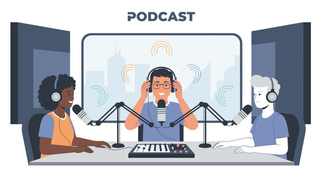 Group of three diverse young people recording a podcast episode in a modern studio with microphones and audio mixing equipment.