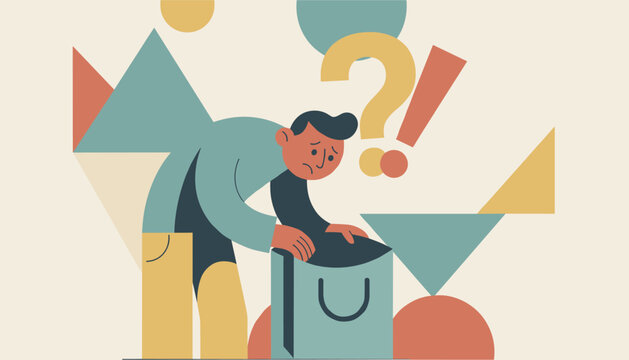 Sad man looking disappointed inside his empty shopping bag with question mark and exclamation point on geometric background.