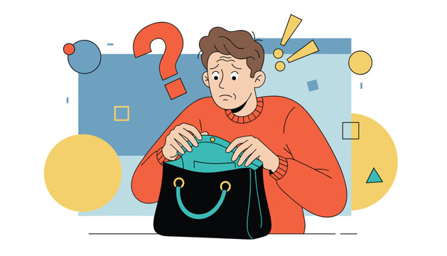 Concerned man looking into his empty open bag with a red question mark and exclamation points over his head.