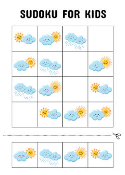 Kids Weather Sudoku Puzzle with Cute Sun and Cloud Educational Activity